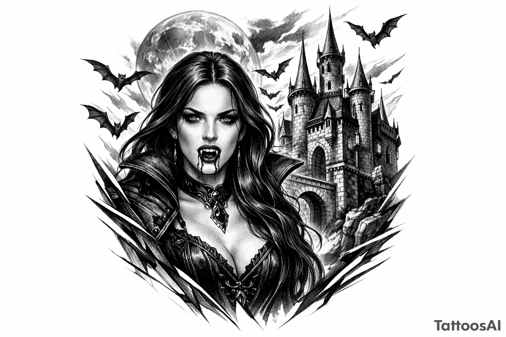 female vampire,bats,full moon,a castle. tattoo idea
