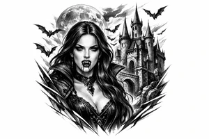 female vampire,bats,full moon,a castle. tattoo idea