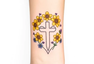 Yellow daisy Purple Hearts around a cross tattoo idea