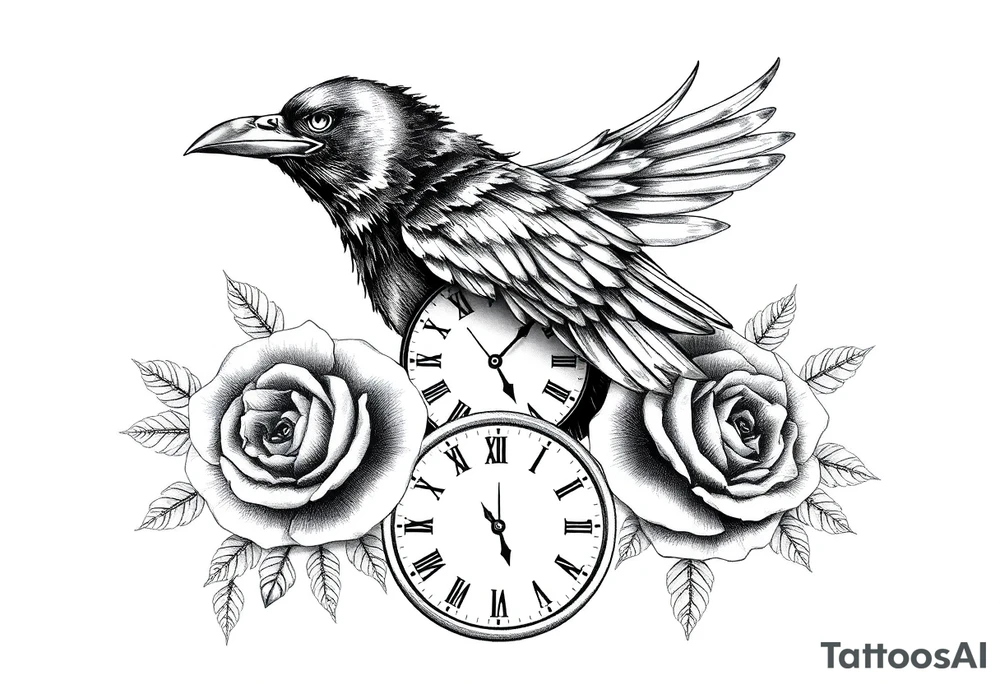 raven,roses,clock. tattoo idea