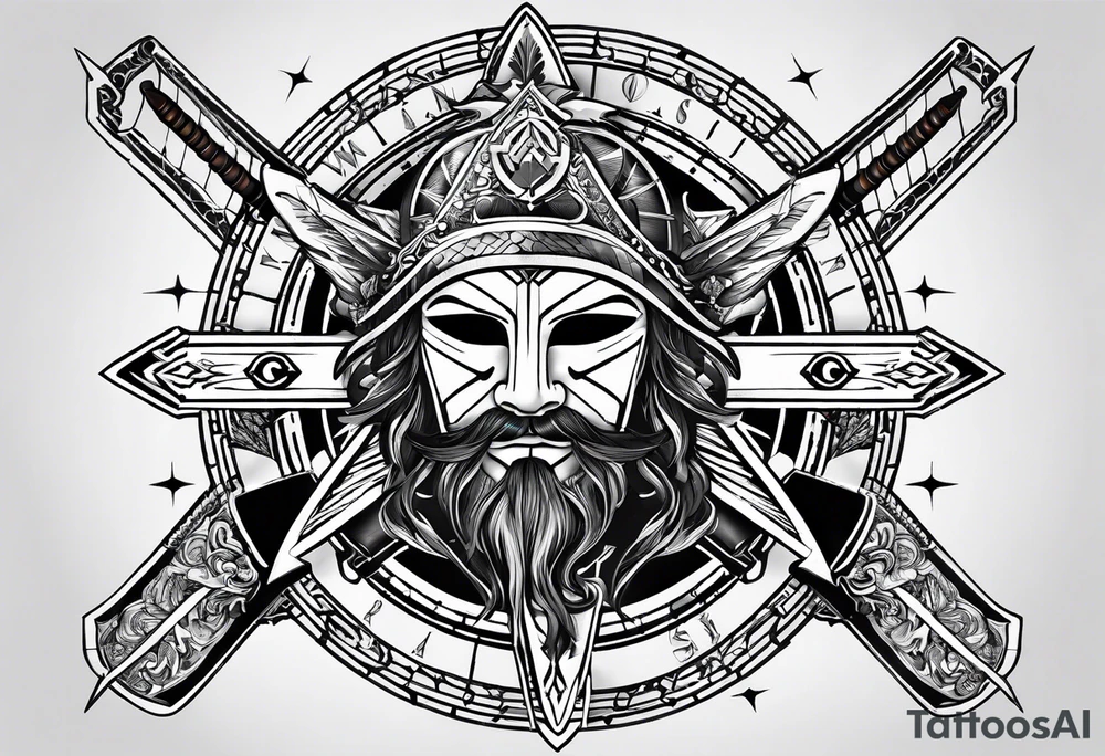 guy faux mask compass. Slashed lettering for the navigational directions and long fencing swords as the arrows tattoo idea