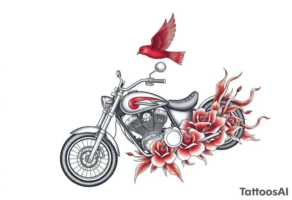 Motorcycle, red bird flying, roses and lace, flames tattoo idea