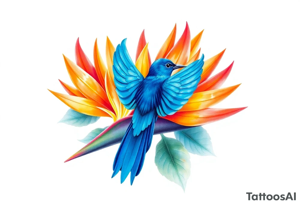Bird of paradise flower with blue bird tattoo idea