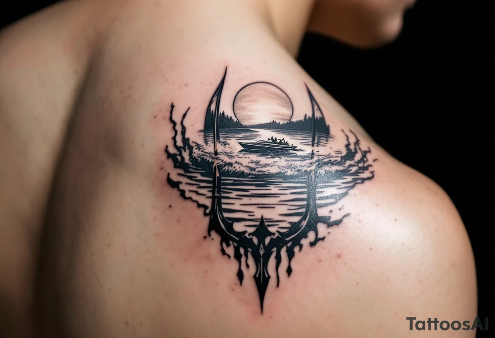trident half way under calm water with sanger skiboat and sunset tattoo idea