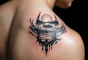 trident half way under calm water with sanger skiboat and sunset tattoo idea