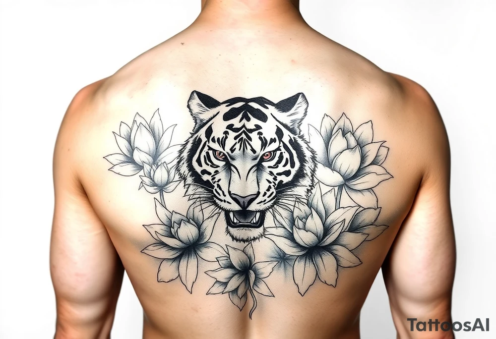 fierce tiger emerging through blooming lotus flowers in mist tattoo idea