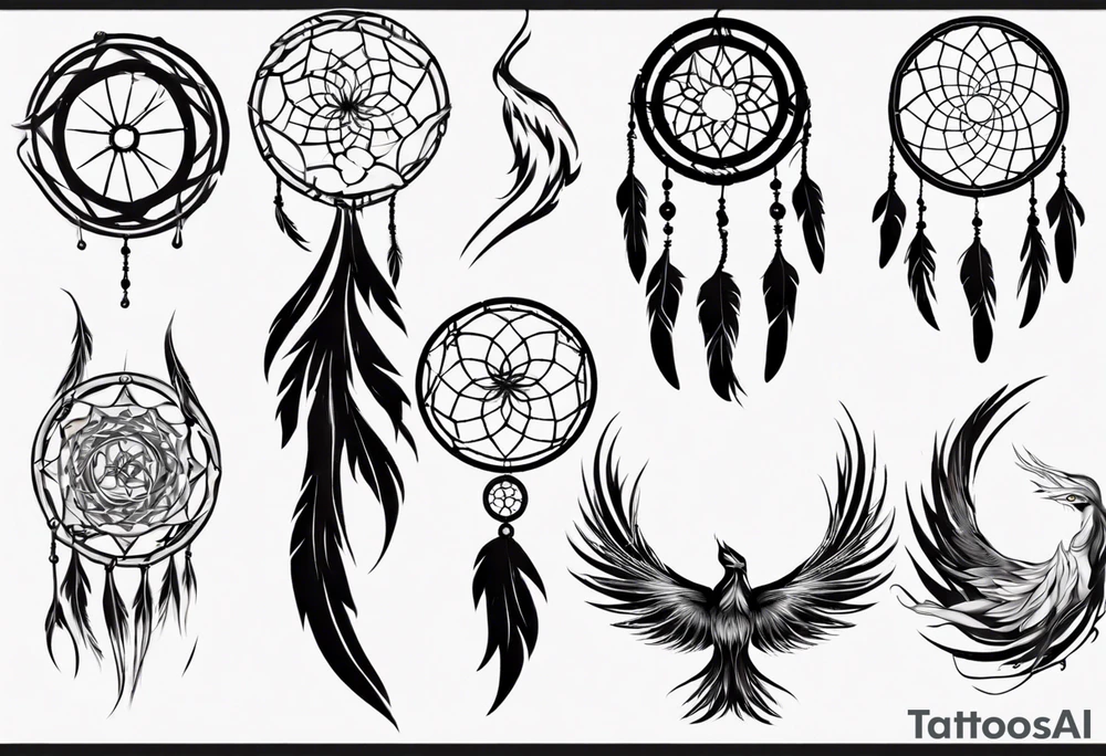 Phoenix with abstract dream catcher tail tattoo idea
