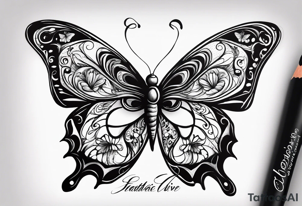 butterfly with one wing black scribbles, the other wing beautiful and colorful, the body has the date 1.9.2023 and the words written "I chose to live." tattoo idea