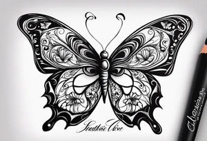 butterfly with one wing black scribbles, the other wing beautiful and colorful, the body has the date 1.9.2023 and the words written "I chose to live." tattoo idea