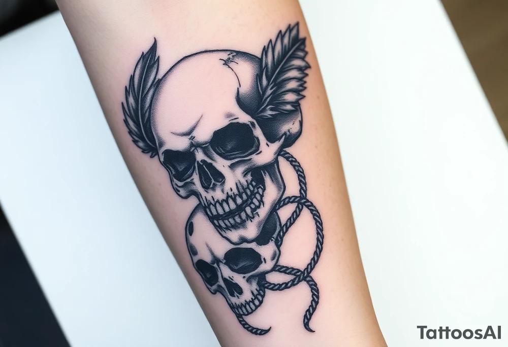 tattoo depicts a detailed skull with large fangs and ropes tied around it. The skull is surrounded by black feathers, with part of another skull visible underneath. The tattoo is done in a black and gray technique, which gives it a dramatic and mystical look tattoo idea