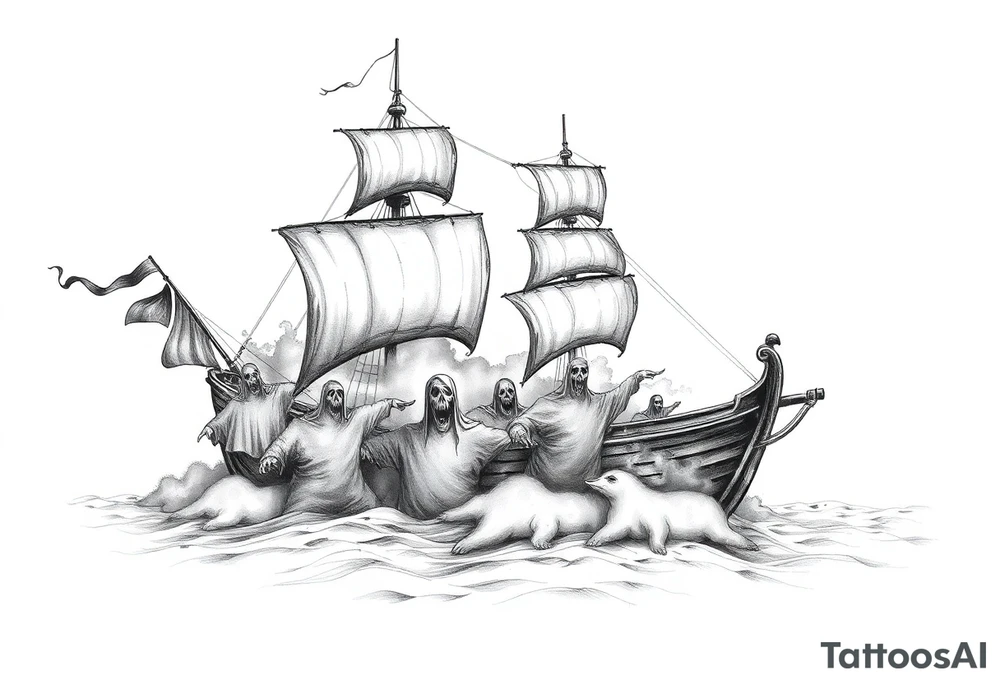 pirat-ship with ghosts surrounded by fog on sea. tattoo idea