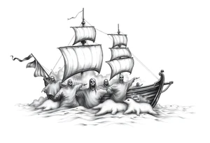 pirat-ship with ghosts surrounded by fog on sea. tattoo idea