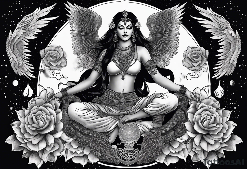 black kali, goddess pirate, alien, angel, pachamama, valkrye, warrior, flying, skull, lotus azul, wing, eagle, zenza resonance, stars, 5D, anahata chakra, death, durga, riding on a tiger, flying lady, kundalini, chest tatoo, samuri, rebel, serpent tattoo idea
