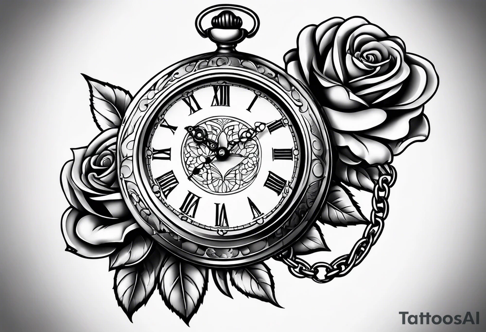 Pocket watch with chain and roses tattoo idea