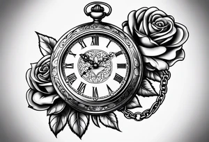 Pocket watch with chain and roses tattoo idea