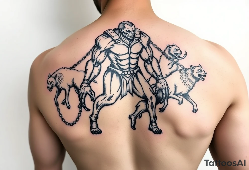 A giant walking with animals on chains tattoo idea