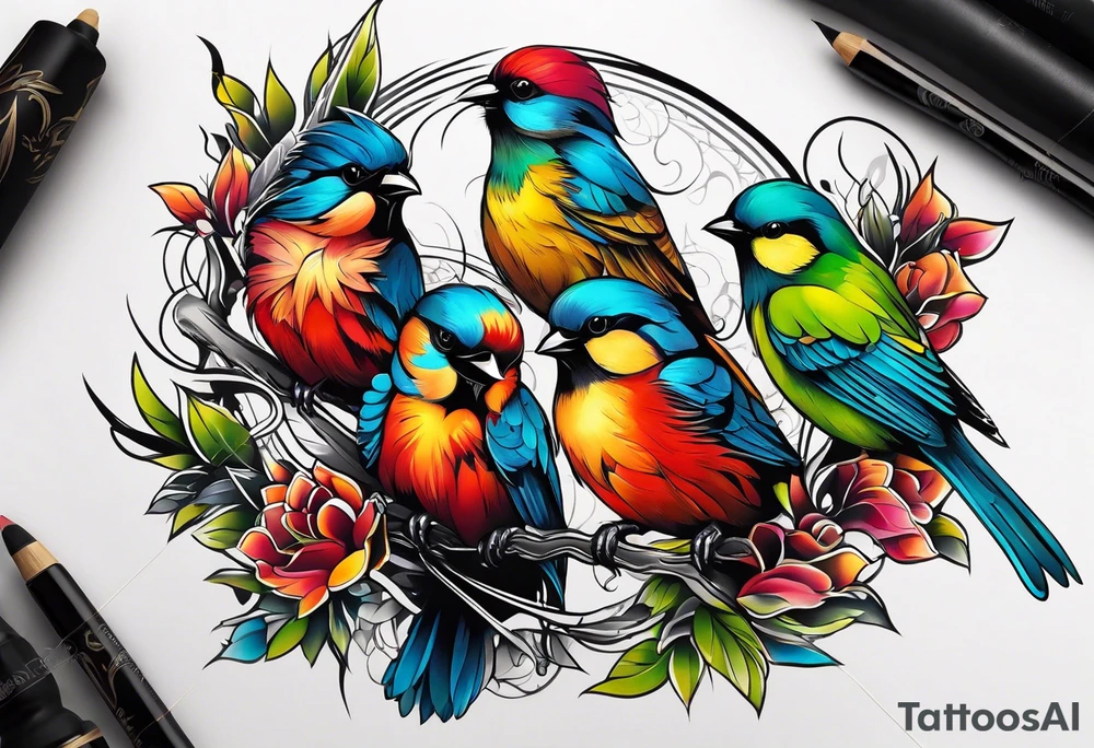 Seven small, colorful birds tattoo idea