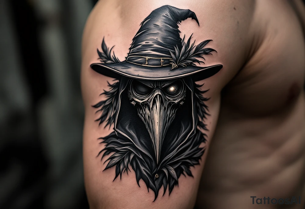 Plague Doctor with Crow Feathers – A mysterious plague doctor with crow feathers woven into the edges of the hat and cloak. The mask is dark gray with weathered metal detailing, and the eyes reflect dim light from a distant source. tattoo idea