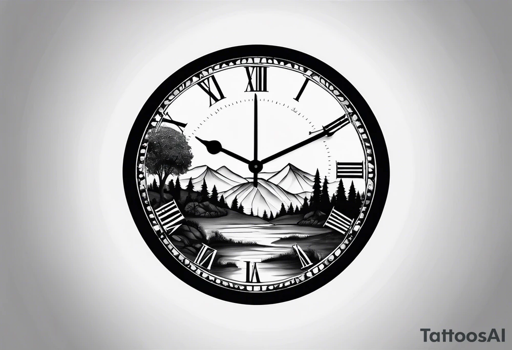 clock with landscape tattoo idea