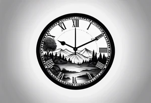 clock with landscape tattoo idea
