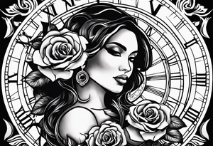 Hispanic/ Latin  woman GODDESS with half skull face, roses, loving heART, strength to move forward cancer zodiac , small clock on face tattoo idea