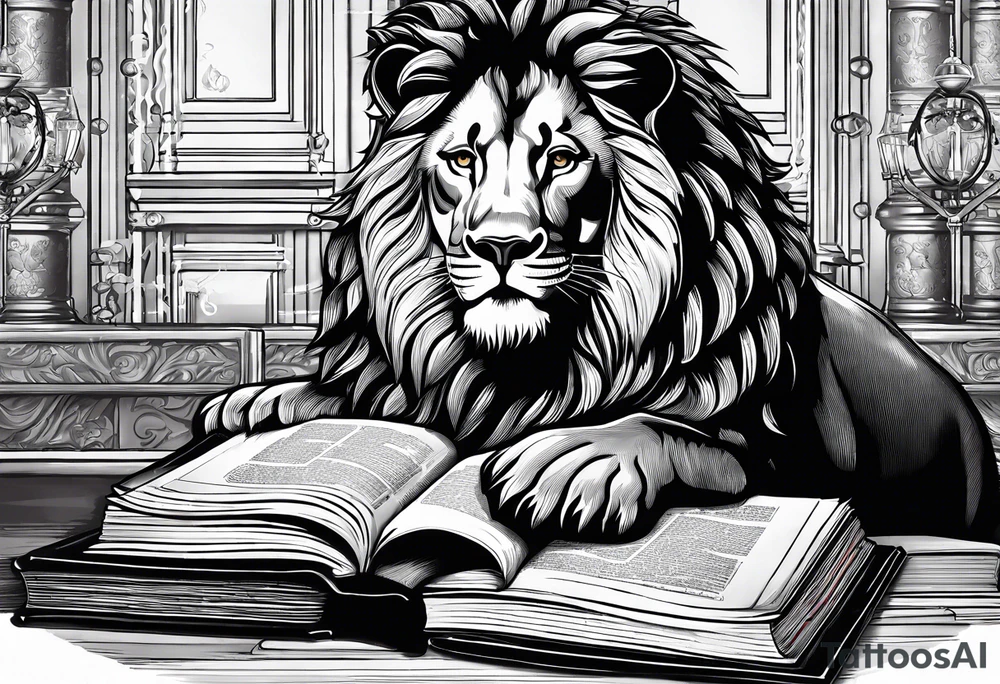 A book with the names Lyons, Mast, and Powers on the spine. There’s a glass of powers whiskey on top of the book, and a lion looking at it. tattoo idea