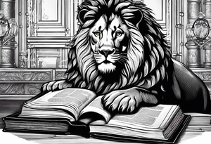 A book with the names Lyons, Mast, and Powers on the spine. There’s a glass of powers whiskey on top of the book, and a lion looking at it. tattoo idea