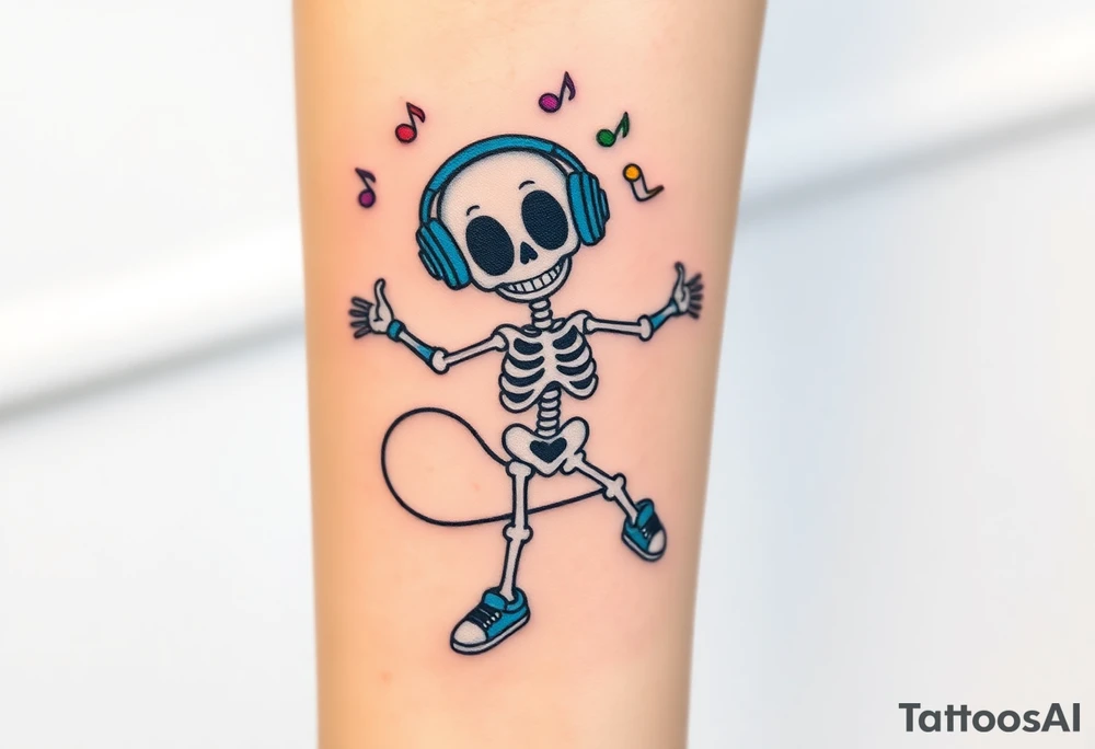 smiley skeleton with love shape in his eyes jumping on a jump rope with blue headphones and blue armbands and blue sneakers with colorful music notes around his head tattoo idea
