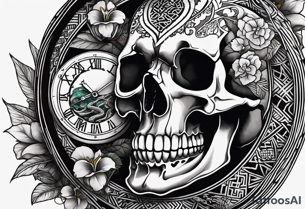 a skull and a writing that says momento morí and a clock inside the skull with a venomous snake around the whole design tattoo idea