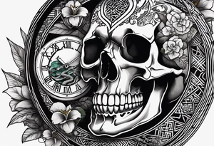 a skull and a writing that says momento morí and a clock inside the skull with a venomous snake around the whole design tattoo idea