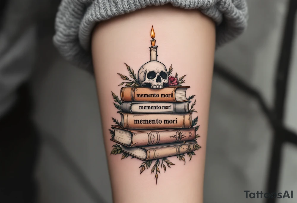 A pile of old books in dusty browns and grays, topped with a candle and skull, "memento mori" inked across the spines. tattoo idea