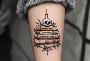 A pile of old books in dusty browns and grays, topped with a candle and skull, "memento mori" inked across the spines. tattoo idea