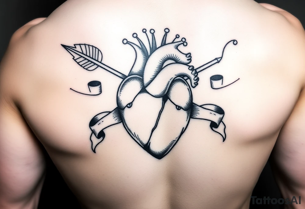 anatomical heart pierced by ornate arrow with flowing ribbons tattoo idea