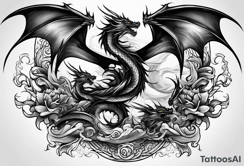 Family of five flying dragons tattoo idea