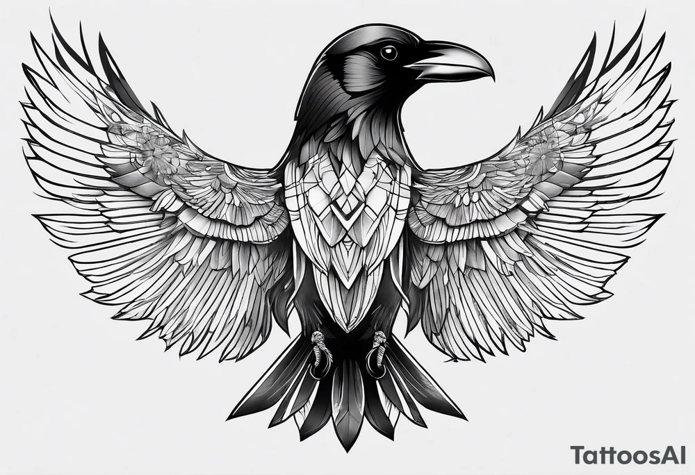 crow with open wings, only line drawing, geometric, symmetrical, without background, tattoo idea crow with open wings, only line drawing, geometric, symmetrical, without background, tattoo idea