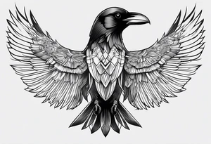 crow with open wings, only line drawing, geometric, symmetrical, without background, tattoo idea
