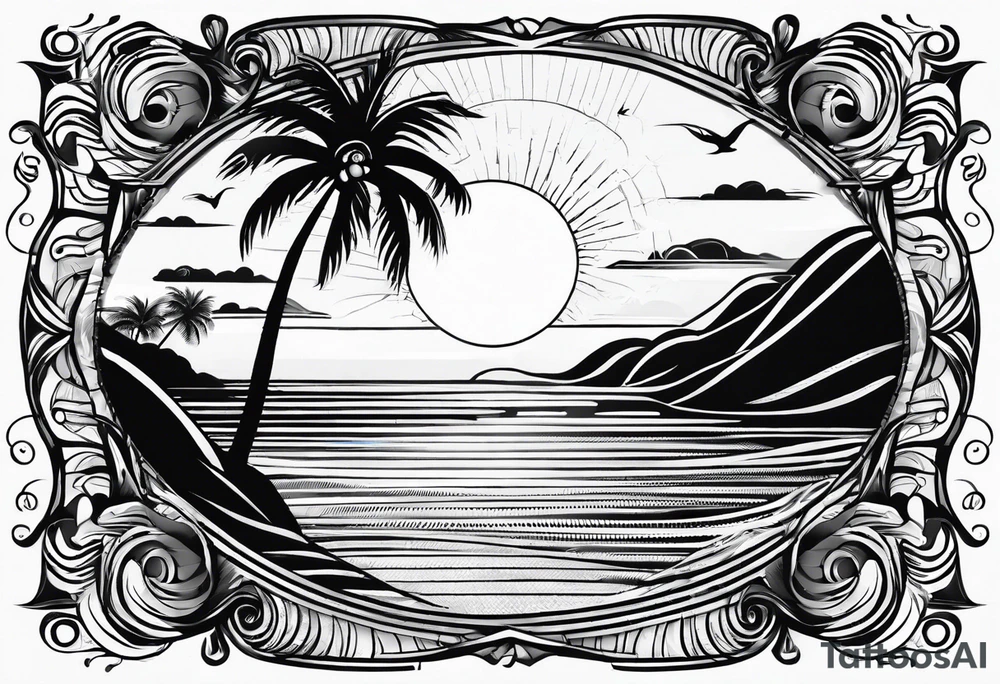 palm tree front of a sun and waves, not too fancy tattoo idea