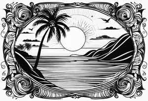 palm tree front of a sun and waves, not too fancy tattoo idea