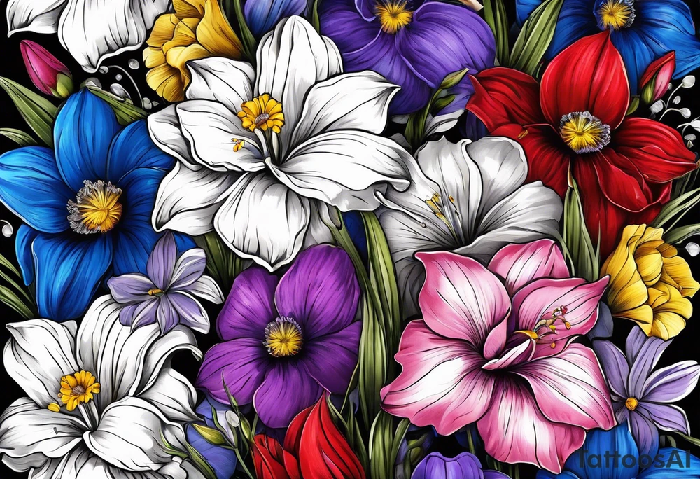 flower bouquet with 1 purple Violet flower, 1 yellow Daffodil flower , 1 blue Gladiolus flower, 1 red Poppy flower, 1 pink Cosmos flower tattoo idea