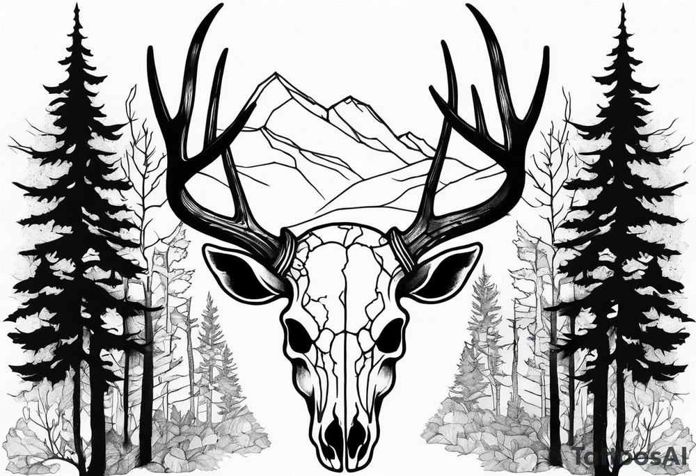 Halloween side view of a DECAYING deer skull JUST BONE surrounded by a forest fire in background tattoo idea