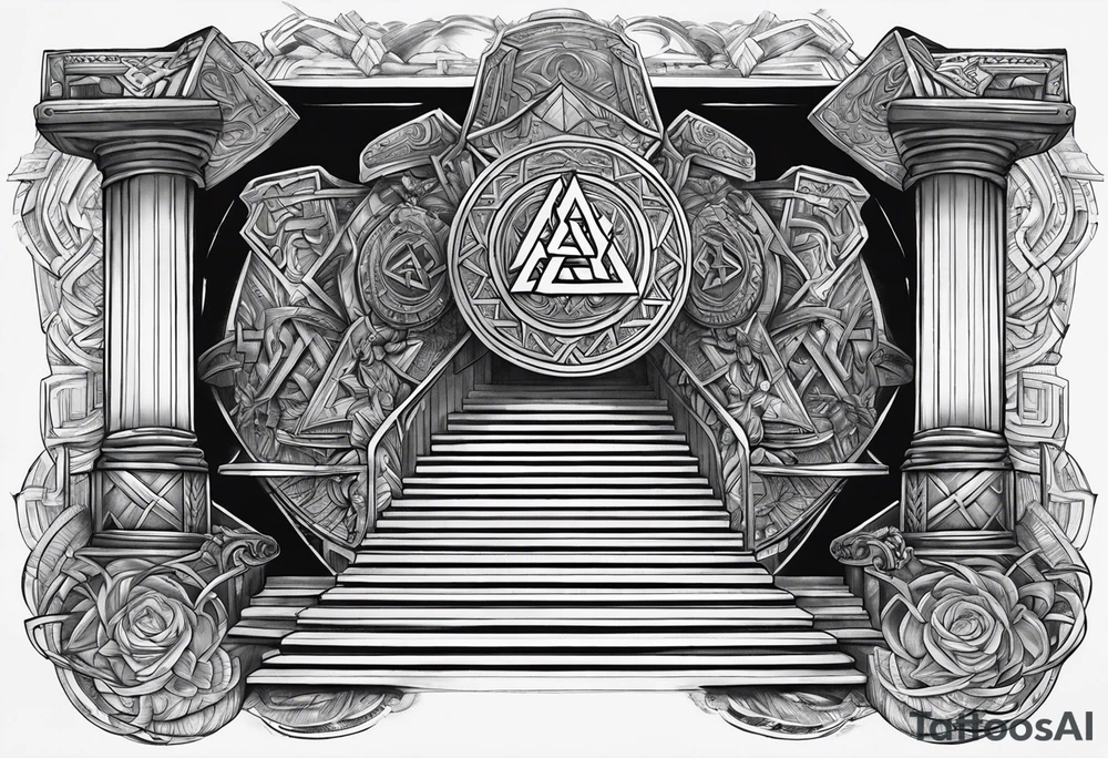 Valhalla sword shield axe Valknut stairs tattoo idea
