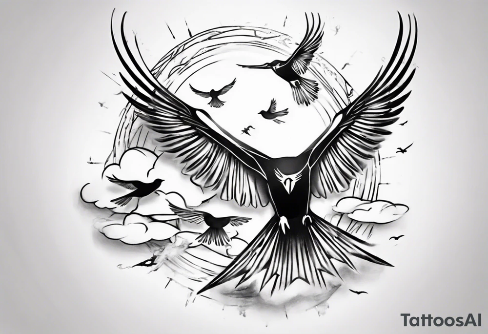 shoulder tattoo with light rays with birds flying free among the clouds, round shape, with gradient ends tattoo idea