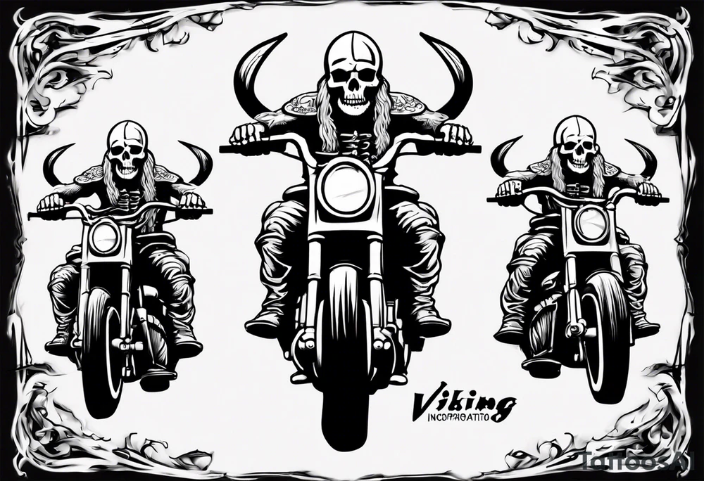 i want a tattoo of a viking skeleton riding a motorcycle with flames and I want the words “Viking Customs” incorporated into the design tattoo idea