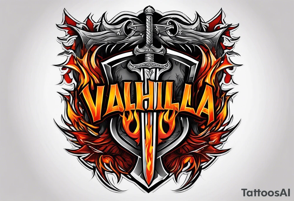 Valhalla on fire
flames sword shield barb wire tattoo idea