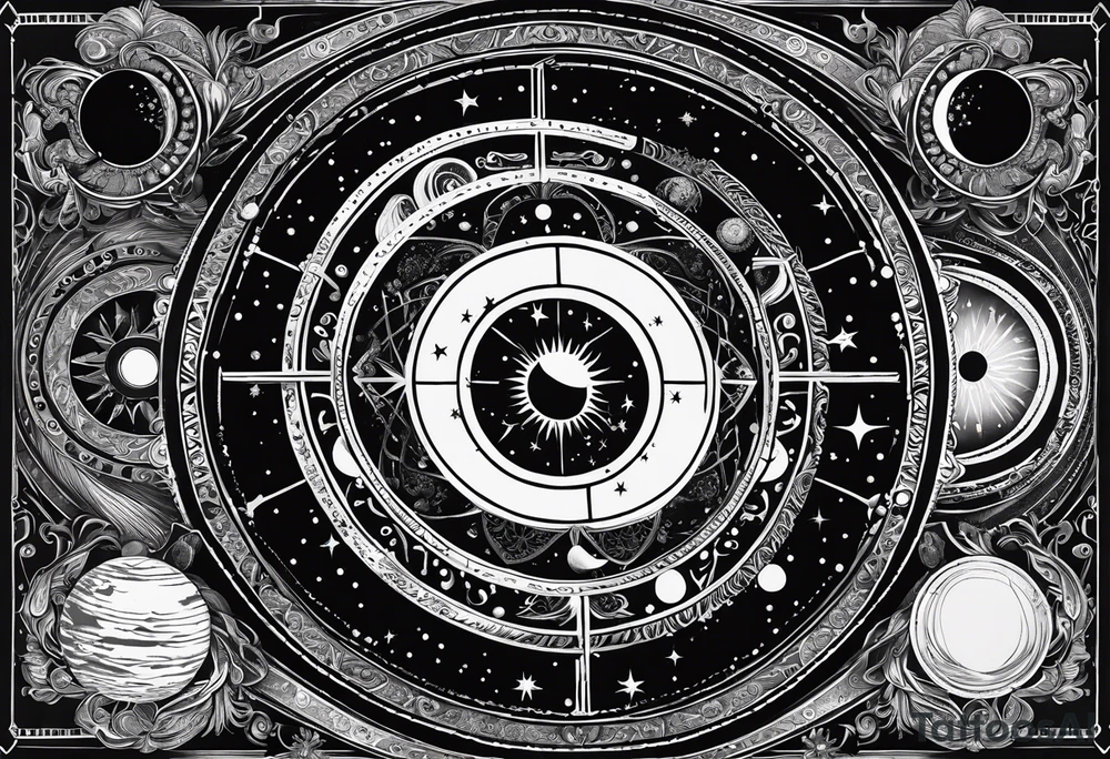 Astrology, Cancer, Natal Chart, symbolic, vision, yin yang, the moon, the sun, Uranus, Pluto, spiritual third eye, mystical armband tattoo idea