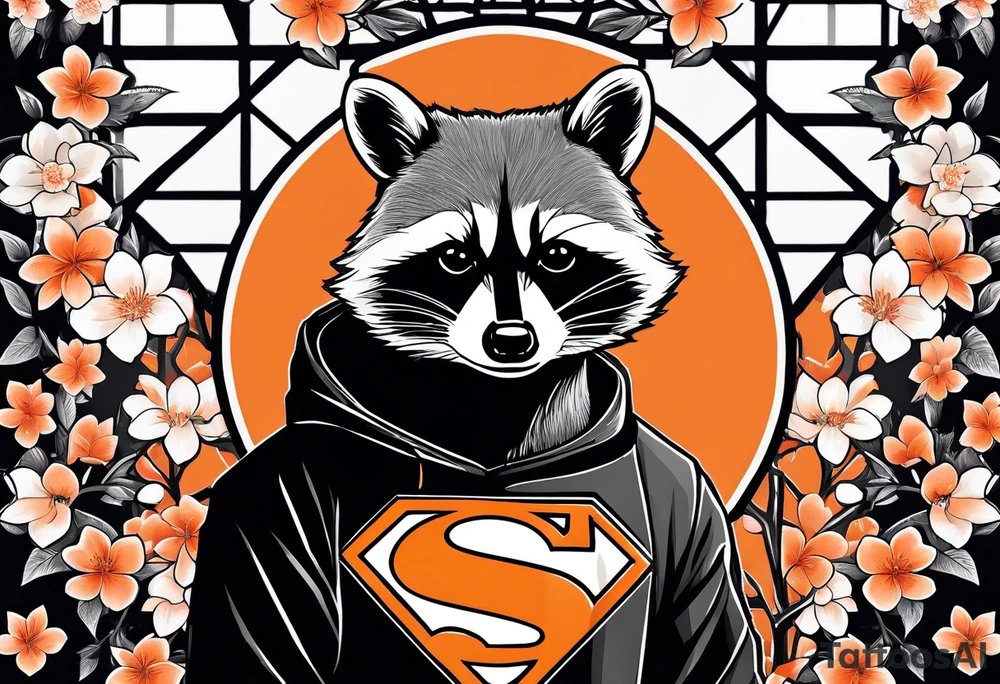 Raccoon wearing a white Superman logo on a black hoodie and orange Japanese cherry blossoms tattoo idea