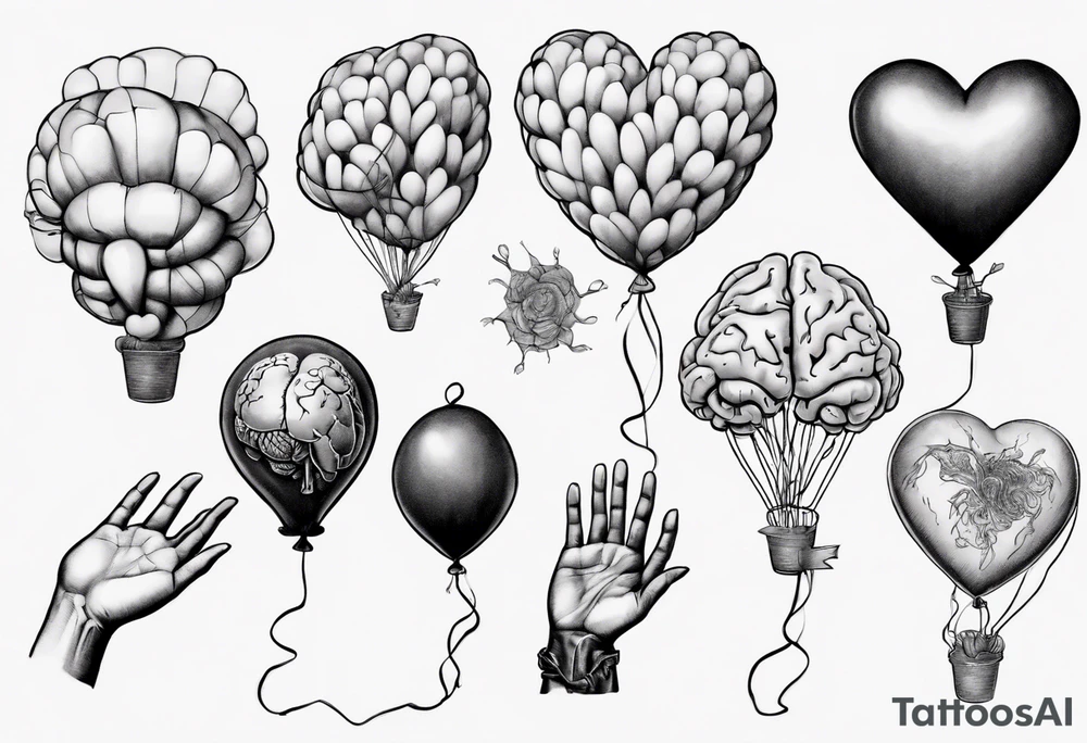 Woman's hand holding balloons tied to string, balloons in shape of anatomical heart and an anatomical brain tattoo idea