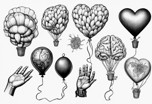 Woman's hand holding balloons tied to string, balloons in shape of anatomical heart and an anatomical brain tattoo idea