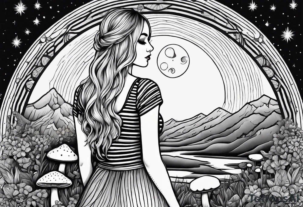 Straight blonde hair girl facing away toward mountains surrounded by mushrooms crescent moon mandala circular design black and white striped dress tattoo idea