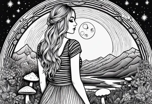 Straight blonde hair girl facing away toward mountains surrounded by mushrooms crescent moon mandala circular design black and white striped dress tattoo idea